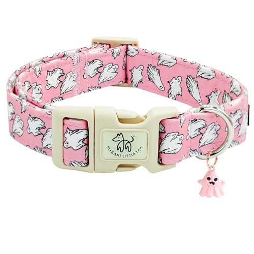 Elegant little tail Halloween Dog Collar, Ghosts Print Pink Halloween Pet Collars Cotton Soft Sturdy Puppy Collars Holiday Female Adjustable Collar for Medium Dogs
