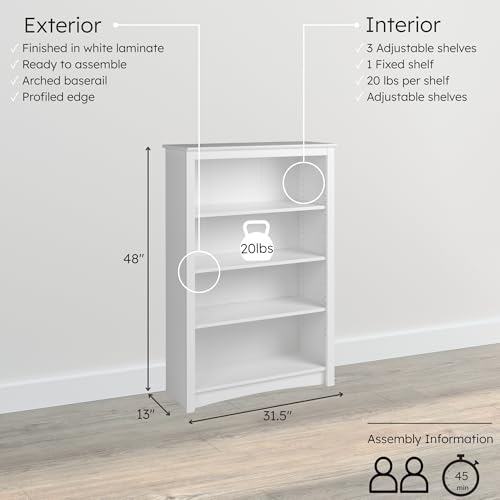 Image of Prepac Sonoma 4-Tier Bookcase 48 inchH with 3 Adjustable Shelves, White Storage Cabinet, Modern Display Cabinet, Bookshelf with Storage Shelves for Home Office, Living Room Organizer