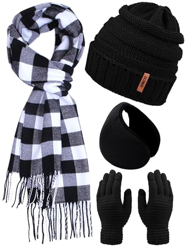 Aneco Winter Warm Knitted Sets Buffalo Plaid Scarf Beanie Hat Touch Screen Gloves and Winter Ear Warmer Set for Men or Women