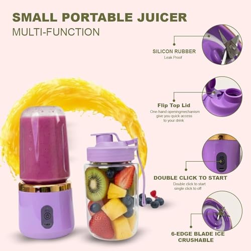 Image of ZENOVIA Portable Juicer Bottle, Purple | Dual Cup, USB Rechargeable Smoothie Maker, Leakproof Mini Juicer, Travel, Gym & Kitchen