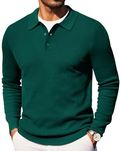 COOFANDY Mens Long Sleeve Polo Sweaters Casual Golf Pullovers for Men Vintage Christmas Sweater Old Money Green