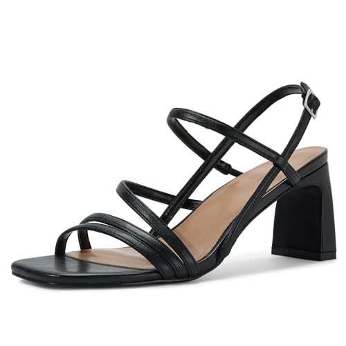 CosyFever Women’s Black Dressy Heels, Strappy Block Heels with Square Toe and Slingback Heels for Party, Date Night & Formal Occasions
