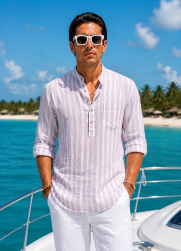 Image of Majestic Man Men's Pure Cotton Striped Mandarin Collar Regular Fit Roll-Up Sleeves Short Kurta