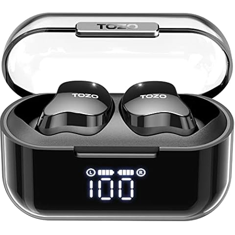 TOZO Crystal Buds Bluetooth 5.3 True Wireless Stereo Earphones Ipx7 Waterproof In Ear Headset Call Noise Reduction Headphones With Digital Display And Transparent Case Long Standby Earbuds Black Cover