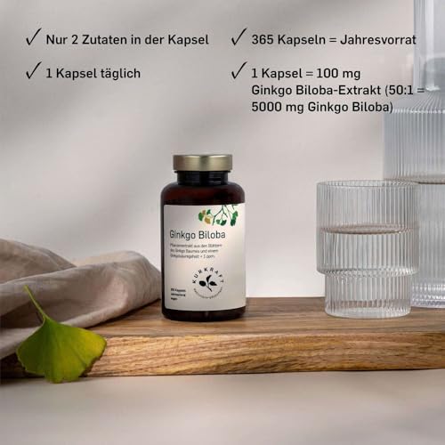 Kurkraft Ginkgo Biloba - 365 Kapseln OHNE Trennmittel - 50:1 Extrakt - Flavonglykoside + Ginkgolid-Terpenlactone - unter 1ppm Ginkgolsäure - Vegan – Bild 6