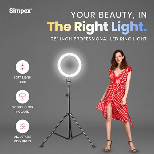 Image of Simpex 8 inch LED Ring Light with Mobile Holder & Adjustable Brightness for Makeup, Video Shoot, Live Streaming & Photography Compatible with iPhone, Android Phones & DSLR Cameras