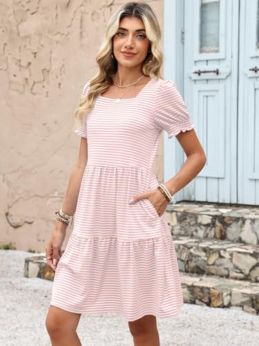 Image of ANRABESS Women Summer Square Neck Puff Short Sleeve Mini Dress 2026 Casual Flowy Sundress Beach Vacation Clothes with Pockets