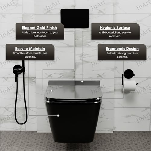 Image of InArt Ceramic Wall Hung Rimless Western Toilet Commode with Soft Close Seat for Bathroom - P Trap Outlet from Wall (Black Glossy)