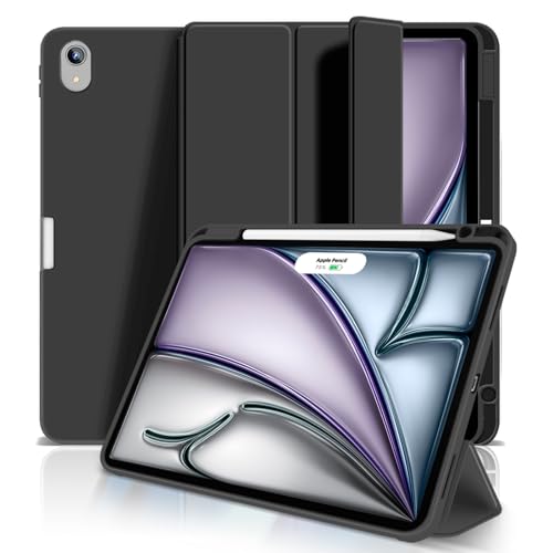 Aoub iPad Air 11 インチ ケース M3/M2 2025/2024 iPad Air 第5/4世代 カバー 2022/2020年 10.9インチ Pencil Proペン収納 Apple Pencil2 ワイヤレス充電対応 オートスリープ/ウェイク機能対応 ソフト TPU 薄型 軽量 耐衝撃 三つ折りスタンド(ブラック)
