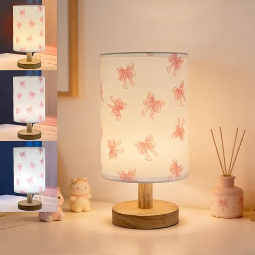 Pink Bow Bedside Table Lamp for Bedroom Kids Room Decorative Lights 3 Colors Dimmable Nightstand Night Light with Flaxen Fabric Shade Desk Lamp for Girls Boys Birthday Gifts for Home Living room Decor