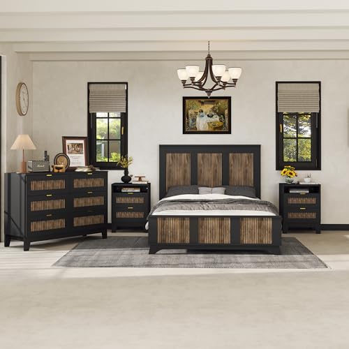 4 Pieces Bedroom Sets Full Size Farmhouse Platform Bed with Woode...