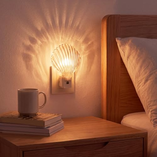 Ropoloogy 2 Pcs Coastal Night Light LED Night Lighting Plug into Wall with Light Sensor Sea Bathroom Decor Ocean Glass Rotating Nightlights White Soft Lighting for Home Hallway Bedroom (Seashell) - Image 7