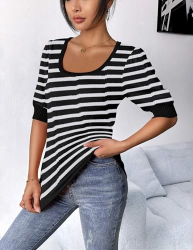 Image of HOTOUCH Sweater for Women 2026 Fall Trendy Puff Tops Casual Eyelet Knit Square Neck Tunic Shirt Blouses Black White Stripe XXL