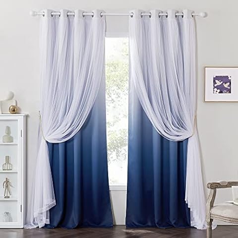 PONY DANCE Blackout Curtains for Bedroom - Curtains Ombre Blackout with Sheer Gauze White Elegant Layered Curtains Mix and Match for Living Room, 52x84 inch, Navy Blue, Set of 2 Cover