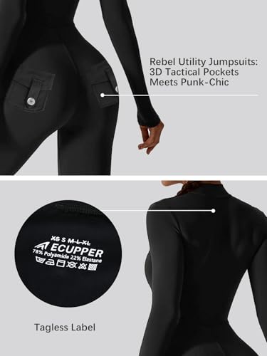 Ecupper Jumpsuit Damen Elegant Reißverschluss Front Einteiler Sport Romper Langarm Overall mit Taschen Yoga Casual Schwarze Tasche M