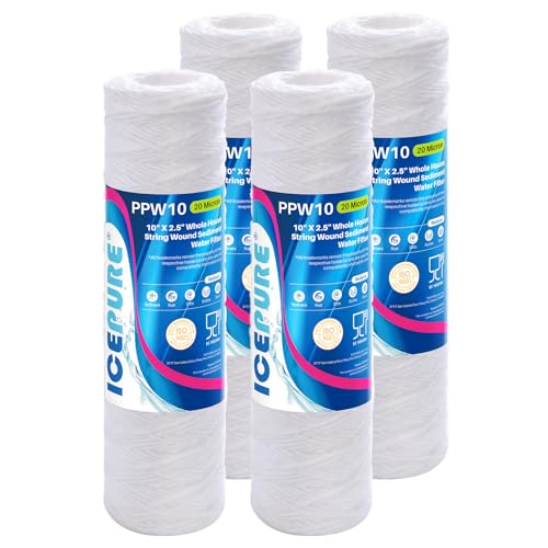 ICEPURE 20 Micron 10" x 2.5" Whole House String Wound Sediment Water Filter for Well filter Replacement for Aqua-Pure AP110, WP-5, Culligan P5, CFS110, CW-MF, WFPFC4002, Any 10 inch RO Unit, 4PACK