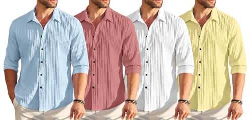 Image of FINIVO FASHION Combo of Men's Casual Cotton Plain Button Down Shirt Long Sleeve Textured Summer Beach Shirt for Men Pack of 4