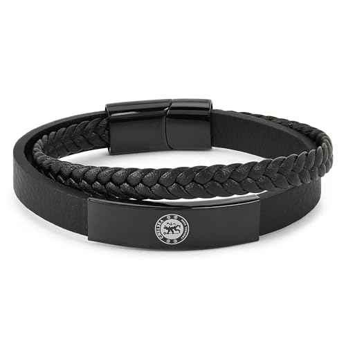 The Gift Scholars Official Club Merchandise Chelsea FC Bracelet, Stainless Steel and Black IP Plated Leather, Men's Football Accessory