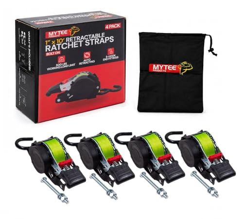 Mytee Products 4 Pack 1''x10' Bolt on Green Retractable Ratchet Straps for Cargo - Coated S Hook Auto Retract Ratchet Straps - Self Ratcheting Strap for Boat Tie Down to Trailer & Jet Ski, ATVs