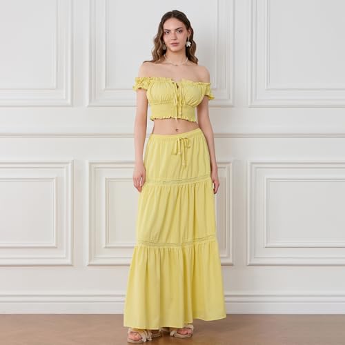 Owl's-Yard Women’s 2 Piece Skirt Set Off Shoulder Frill Trim Crop Tops and Ruffle Long Skirt Set Summer Trendy Outfits2