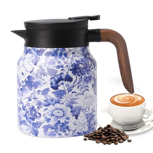 Thermal Coffee Carafe Jugs, 1L Vintage Floral Pattern Insulated Coffee and Tea Pot with Infuser, Stainless Steel Coffee Kettle Water Kettle Drink Dispenser for Home Offices
