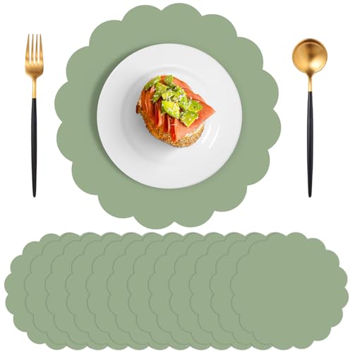 60 Pcs Sage Green Paper Placemats, 13.5 Inch Disposable Scalloped Placemat Round Table Place Mats Decorative Paper for Birthday Wedding Bridal Shower Baby Shower Banquet Tea Party