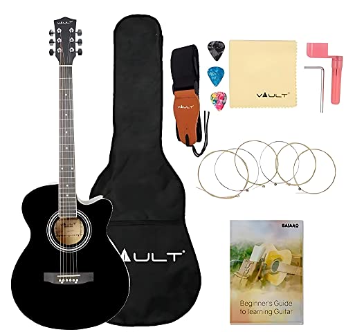 Image of VAULT EA20 Basswood Guitar Kit With Learn To Play Ebook, Bag, Strings, Straps, Picks, String Winder & Polishing Cloth - 40 Inch Cutaway Acoustic Guitar Black