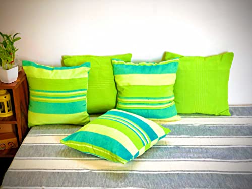 Image of RANGBHAR Handloom Cotton 220 TC Cushion Covers With Concealed Top Zip, Striped /Solid Cushion Covers For Living Room, 16 X 16 Inch, Green, Pack Of 5