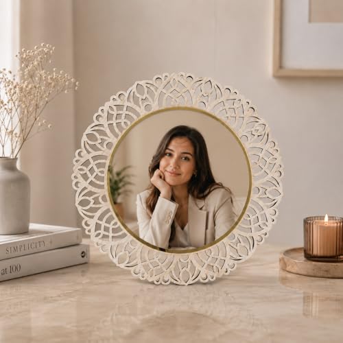 Image of Round Photo Frame | Wooden Decorative Picture Frame with Lace Laser Cut Border & Clear Acrylic Front | Wall & Tabletop Display | Premium Home Decor & Gift (21X21 Cms)