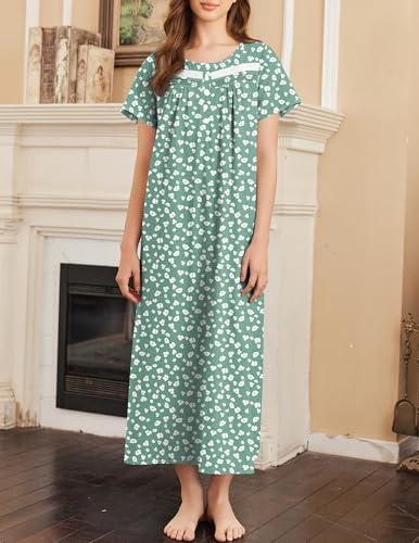 Image of Ekouaer Nightgown for Women Cotton Long Night Gown Short Sleeve Nightdress with Pockets Button Sleepshirt Soft Sleepwear