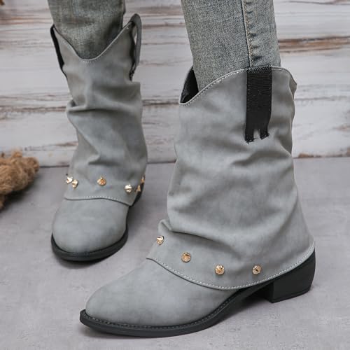 DIYCAM Women's Foldover Rivet Biker Shoes Cowboy Fold-Over Cowgirl Knee-High Boots Pointed-Toe Block Heel Trendy Boot4