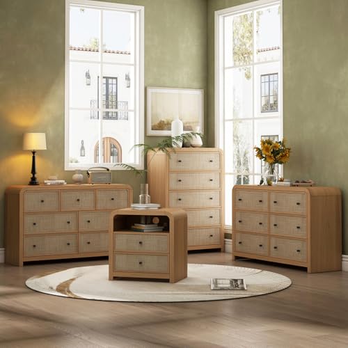 Image of Oak&Sparrow 7 Drawer Dresser for Bedroom, 49'' Rattan Dresser with Ample Storage, Boho Chest of Drawers, Thickened Curved Profile Design, Oak Dressers for Bedroom, Living Room