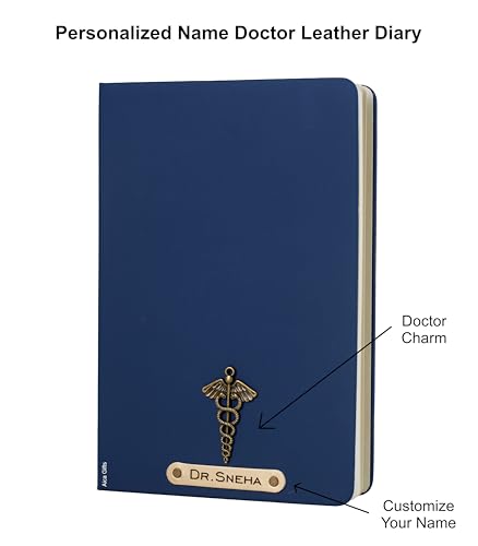 Image of AICA Personalized Name & Charm Doctor Leather Notebook Diary - A5 Size, 180 Ruled Pages (Navy Blue) | Customized Gift for Doctors Retirement Farewell Appraisal Birthday For Men Women Girls Boys