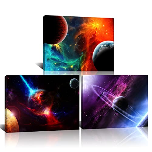 Derkymo 3 Pieces Abstract Space Canvas Wall Art Planets In Outer Space Artwork Modern Home Decor Stretched And Framed Ready To Hang For Kids Room Decor 12X16Inchx3Pcs #TOP18