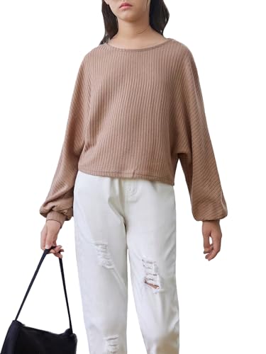 SweatyRocks Girl's Long Sleeve Ribbed T Shirt Round Neck Loose Pullover Tops3