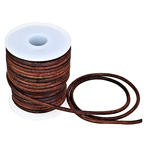 GENIQUE Real/Genuine Round Leather Cord for Jewelry Making, Leather String Cord for Crafting, Necklace, Bracelets, Braiding, Wraps (3mm, Antique Brown Distressed)