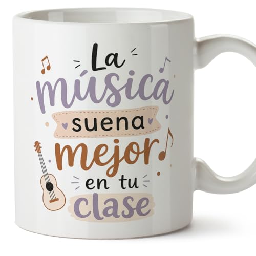 MUGFFINS taza profe regalo profesora música | La música suena mejor en tu clase en Español | desayuno 330 Ml 11 oz | cerámica resistente | Enseñanza v2