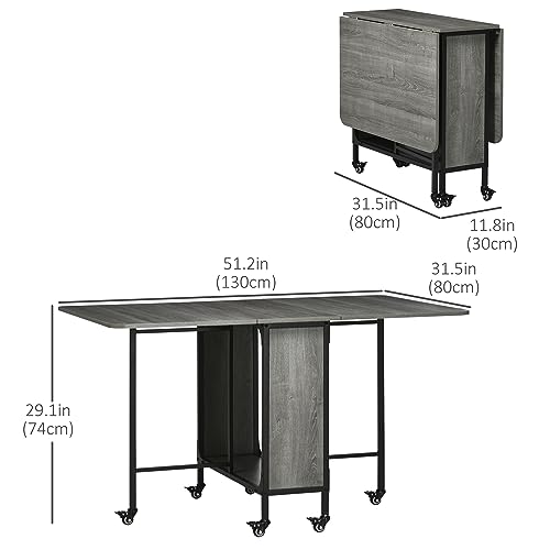 HOMCOM Mobile Folding Drop Leaf Table: Space-Saving Elegance 4 HOMCOM Mobile Drop Leaf Table Folding Kitchen Table Extendable Dining Table For Small Spaces With 6 Wheels & Storage Shelf Grey