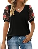 Picture of Summer Tops for Women Dressy Casual Swiss Dot Puff Sleeve Tops V Neck T Shirts XX-Large Black Floral
