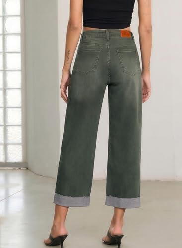 Image of Sidefeel Barrel Jeans for Women High Waisted Wide Leg Baggy Stretchy Trendy Raw Rolled Hem Capri Cropped Ankle Denim Pants