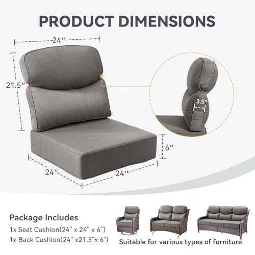 Image of Luxury 6-Inch Outdoor Chair Cushions - 24 inch* 24 inch Patio Furniture Cushions with Dual Layer Back Support & Removable Cover, 28D High Density Sponge Patio Cushion for Outdoor Furniture Couch Grey