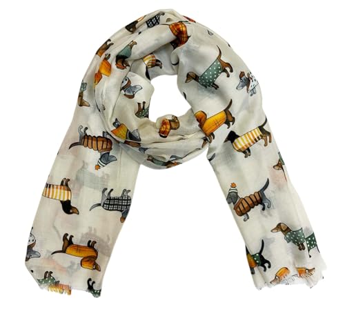 XL Dackel Schal mit Dog Hunde Muster Tuch Sommer Frühling Herbst Halstuch Stola Tuch Übergangsschal Baumwolle (Beige)