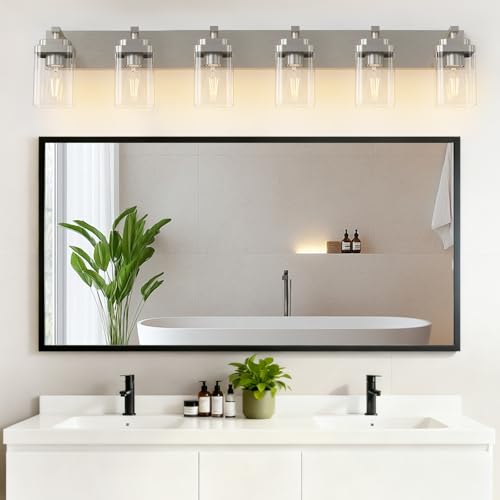 Image of Brushed Nickel Bathroom Light Fixtures, 6 Lights Bathroom Lighting Fixtures Over Mirror, Square Design & Rectangle Large Backplate, Modern Vanity Lighting Fixtures, for Living Room /Bedroom
