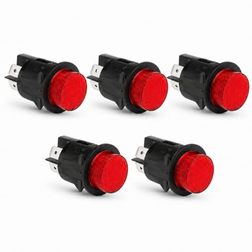 Interruptor de Botón Pulsador DPST 16 A redondo 25 mm LED - 250V a 16A - On/Off - controlador eléctrico para vehículos con luz Rojo, 5 unidades