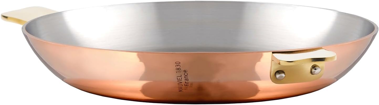 Mauviel Art déco Polished Copper & Stainless Steel Round Pan With Brass Handles, 10.2-In, Made In France