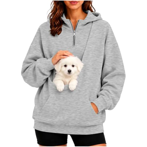Dog Pouch Sweatshirt Pet Pouch Hoodie Womens Quarter Zip Kangaroo Pocket Travel Errands Cozy Ropa De Invierno Mujer Wardrobe Capsule Woman Over 50 Gray - image 1