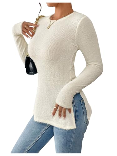 MakeMeChic Women's Fuzzy Sweater Crew Neck Long Sleeve Split Fitted Pullover Tops