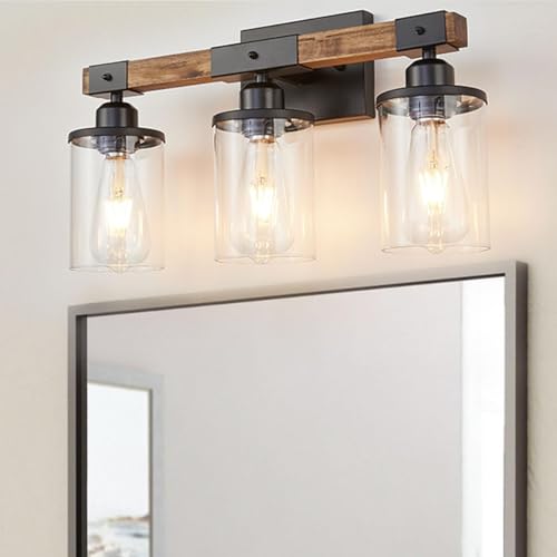 Image of 3-Light Bathroom Light Fixtures, Farmhouse Bathroom Vanity Light Rustic Wood Industrial Vintage Black Small Wall Light Sconce Lamp Over Mirror with Clear Glass Shade for Bedroom