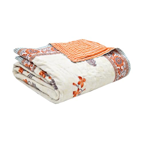 Image of BLOCKS OF INDIA Hand Block Printed Cotton King Size Quilt /Rajai | Grey Orange FLR