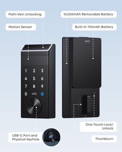 eufy FamiLock E34 Smart Lock with Palm Vein Recognition - Keyless Entry Door Lock for Front Door, Wi-Fi Keypad Deadbolt, ANSI/BHMA Grade 1, Auto Lock, Voice Control, IP65 Waterproof, No Monthly Fee thumbnail 2